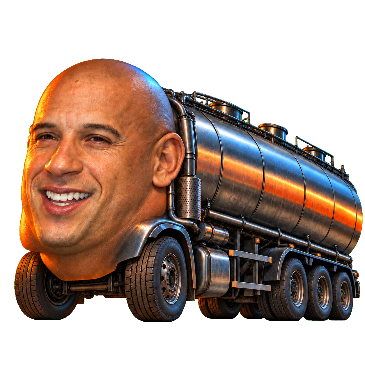 A surreal diesel tanker whose front is a smiling character head